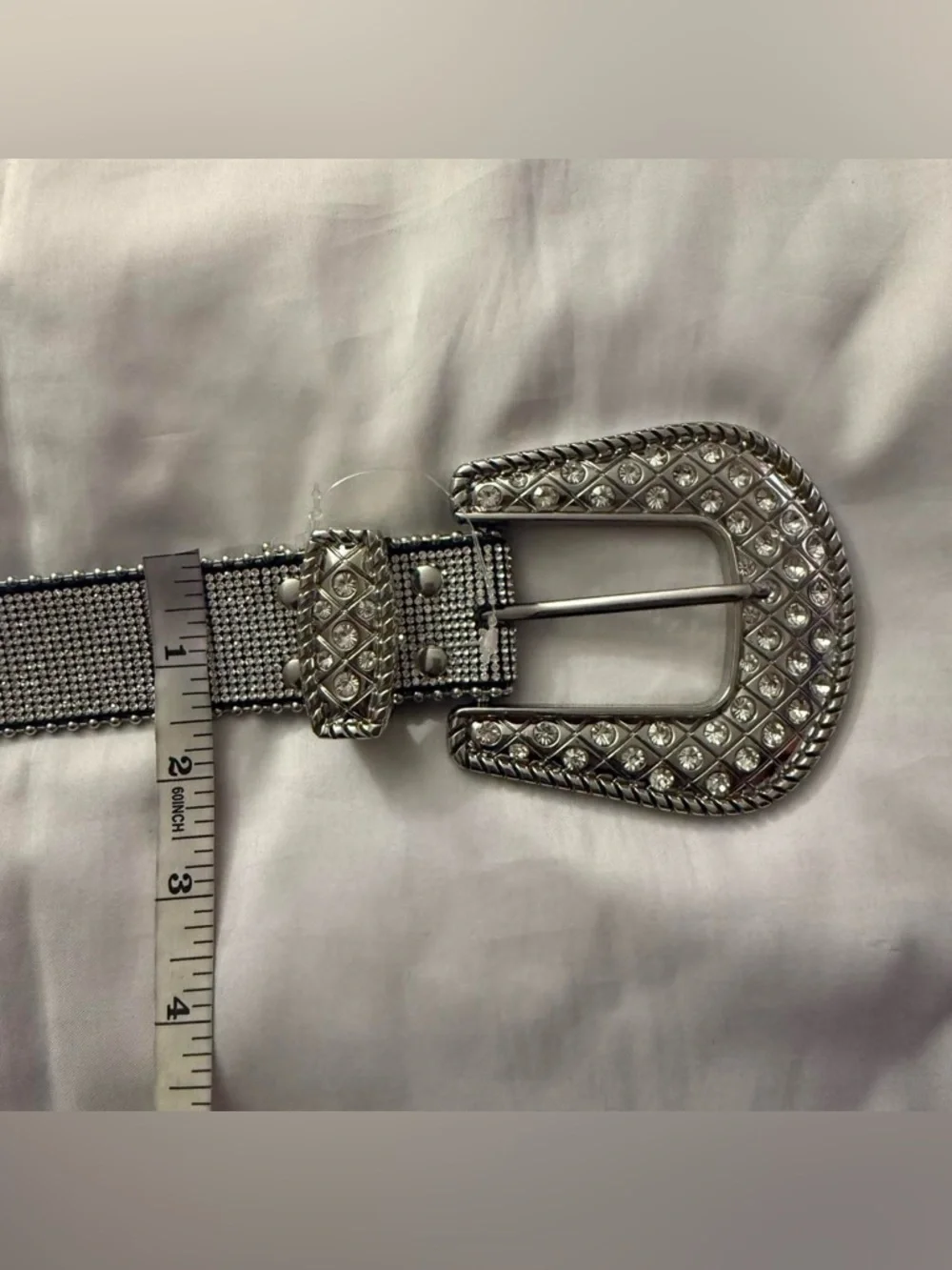 Western silver tone PU leather chunky buckle rhinestone details skinny belt